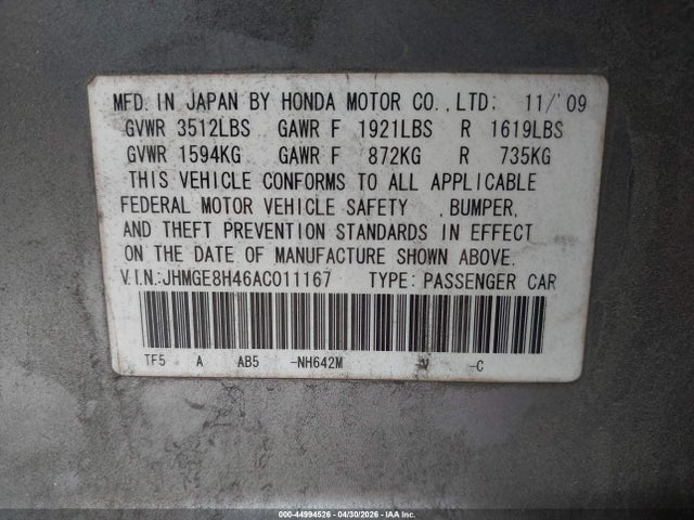 44994526 :رقم المزاد ، JHMGE8H46AC011167 vin ، 2010 Honda Fit Sport مزاد بيع