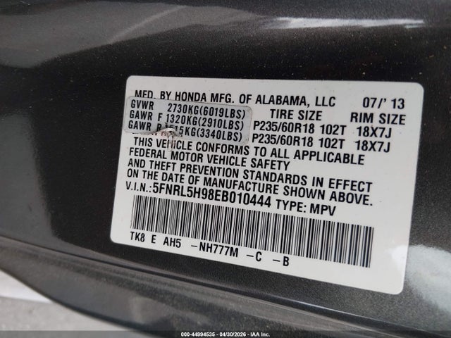 Продаж на аукціоні авто 2014 Honda Odyssey Touring/touring Elite, vin: 5FNRL5H98EB010444, номер лоту: 44994535