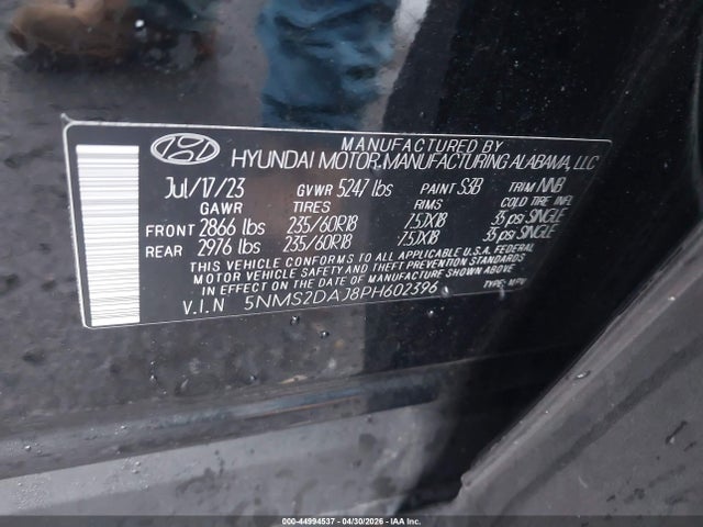 44994537 :رقم المزاد ، 5NMS2DAJ8PH602396 vin ، 2023 Hyundai Santa Fe Sel مزاد بيع