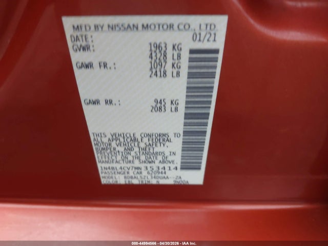 44994566 :رقم المزاد ، 1N4BL4CV7MN353414 vin ، 2021 Nissan Altima Sr Fwd مزاد بيع