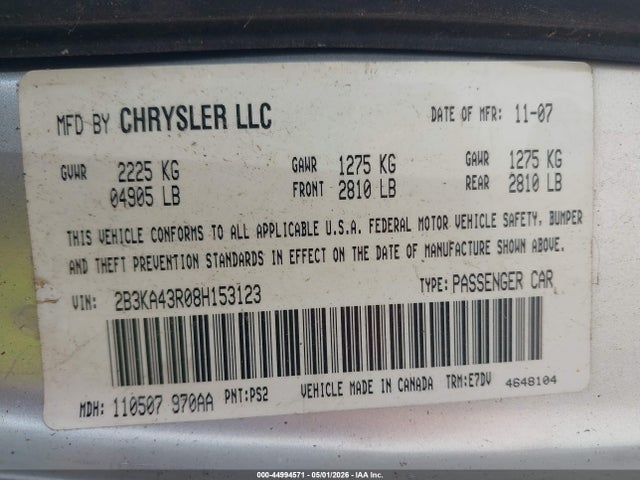 2008 Dodge Charger მანქანა იყიდება აუქციონზე, vin: 2B3KA43R08H153123, აუქციონის ნომერი: 44994571