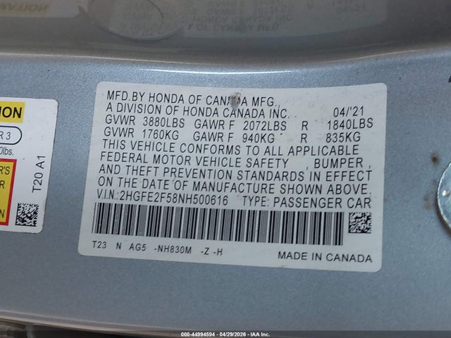 Honda Civic Sport 2022 2HGFE2F58NH500616 Image 9