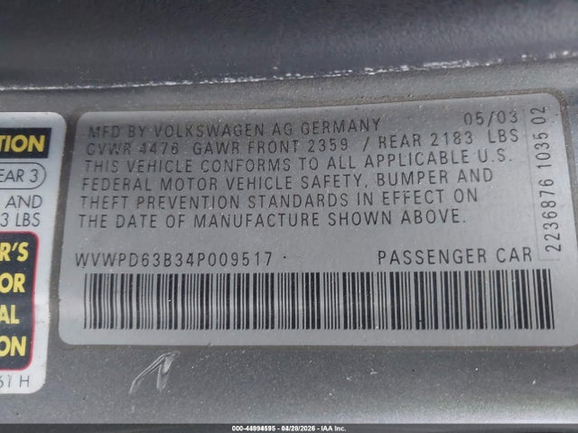Продаж на аукціоні авто 2004 Volkswagen Passat Gls, vin: WVWPD63B34P009517, номер лоту: 44994595
