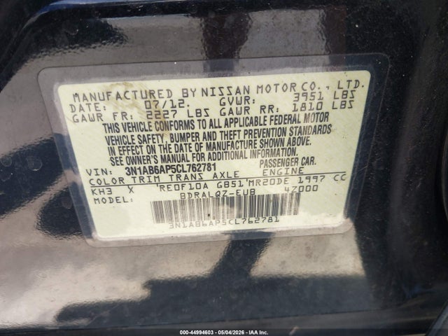 44994603 :رقم المزاد ، 3N1AB6AP5CL762781 vin ، 2012 Nissan Sentra 2.0 مزاد بيع