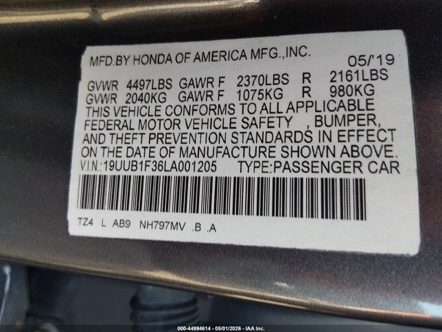 44994614 :رقم المزاد ، 19UUB1F36LA001205 vin ، 2020 Acura Tlx Standard مزاد بيع