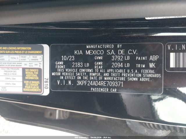 Aukcja sprzedaży 2024 Kia Forte Lxs, vin: 3KPF24AD4RE709371, numer aukcji: 44994621
