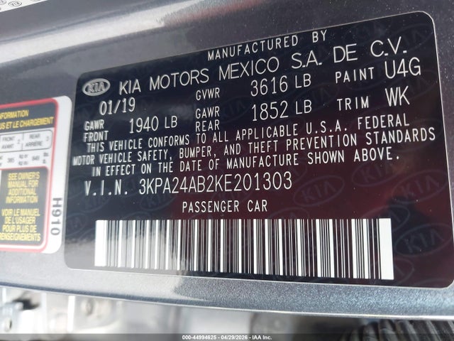 Продажа на аукционе авто 2019 Kia Rio S, vin: 3KPA24AB2KE201303, номер лота: 44994625
