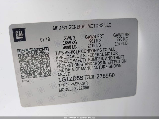 Продаж на аукціоні авто 2018 Chevrolet Malibu Lt, vin: 1G1ZD5ST3JF278950, номер лоту: 44994629