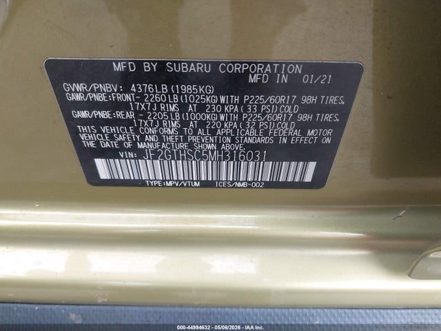 44994632 :رقم المزاد ، JF2GTHSC5MH316031 vin ، 2021 Subaru Crosstrek Sport مزاد بيع