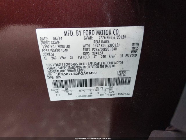 44994634 :رقم المزاد ، 1FM5K7D83FGA01499 vin ، 2015 Ford Explorer Xlt مزاد بيع