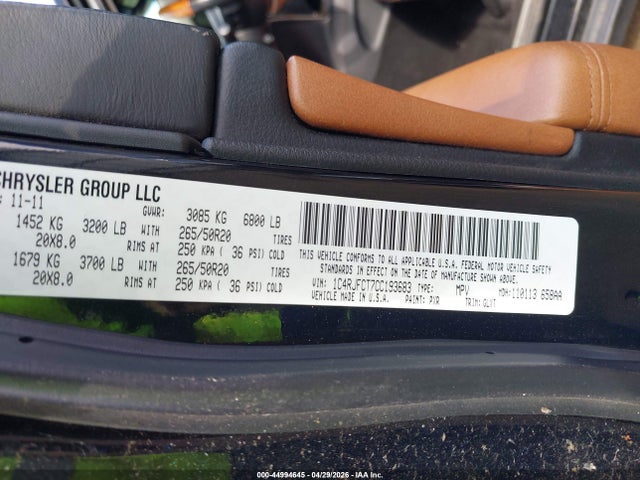 2012 Jeep Grand Cherokee Overland მანქანა იყიდება აუქციონზე, vin: 1C4RJFCT7CC193683, აუქციონის ნომერი: 44994645