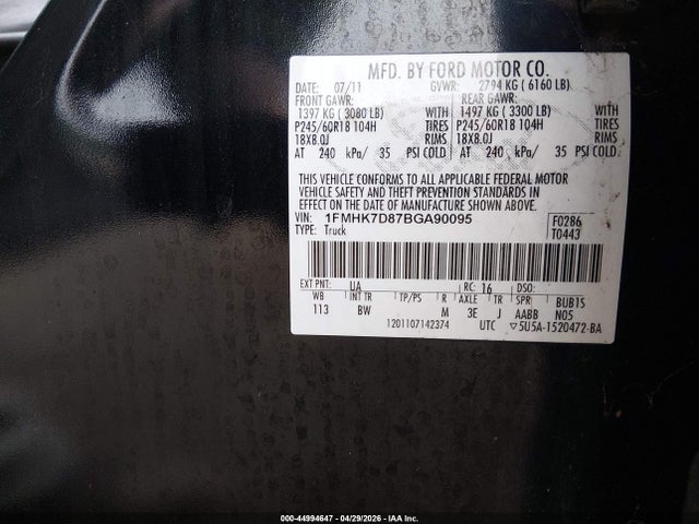 Продажа на аукционе авто 2011 Ford Explorer Xlt, vin: 1FMHK7D87BGA90095, номер лота: 44994647