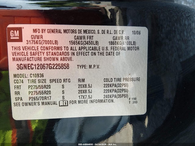 44994650 :رقم المزاد ، 3GNEC12067G225858 vin ، 2007 Chevrolet Avalanche 1500 Ltz مزاد بيع