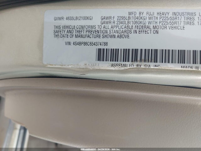 Aukcja sprzedaży 2005 Subaru Outback 3.0r L.l. Bean Edition, vin: 4S4BP86C654374788, numer aukcji: 44994655