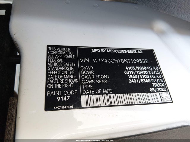 Продажа на аукционе авто 2022 Mercedes-benz Sprinter 2500 High Roof I4, vin: W1Y40CHY8NT109532, номер лота: 44994656