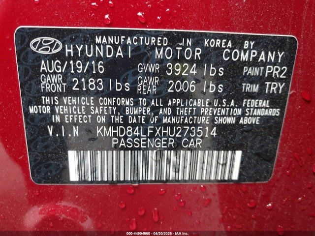 Aukcja sprzedaży 2017 Hyundai Elantra Value Edition, vin: KMHD84LFXHU273514, numer aukcji: 44994660
