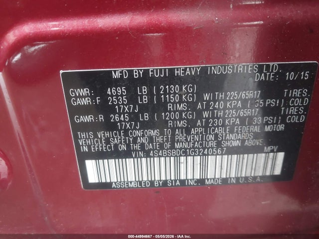 Продаж на аукціоні авто 2016 Subaru Outback 2.5i Premium, vin: 4S4BSBDC1G3240567, номер лоту: 44994667