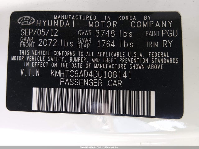 2013 Hyundai Veloster Base W/gray მანქანა იყიდება აუქციონზე, vin: KMHTC6AD4DU108141, აუქციონის ნომერი: 44994669