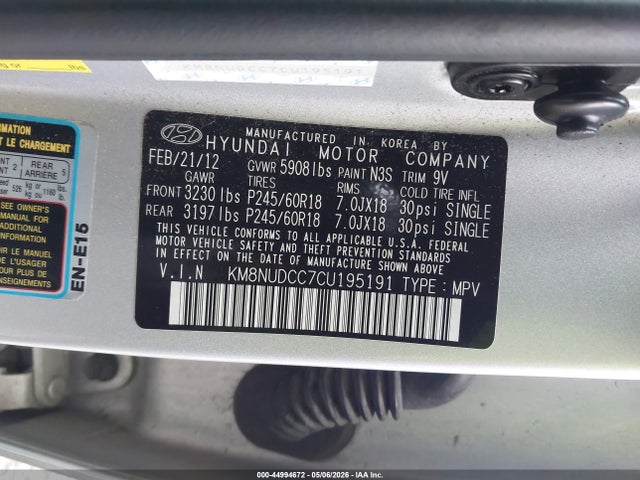 2012 Hyundai Veracruz Limited მანქანა იყიდება აუქციონზე, vin: KM8NUDCC7CU195191, აუქციონის ნომერი: 44994672