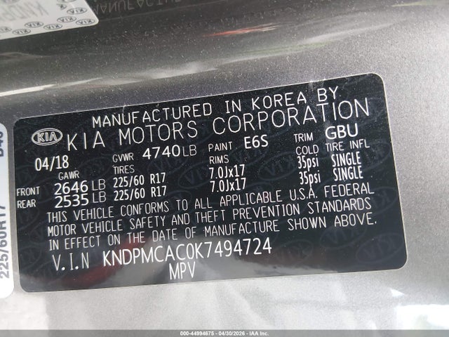 Продажа на аукционе авто 2019 Kia Sportage Lx, vin: KNDPMCAC0K7494724, номер лота: 44994675