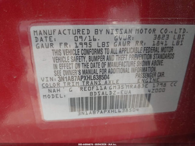 Продаж на аукціоні авто 2017 Nissan Sentra Sv, vin: 3N1AB7APXHL638504, номер лоту: 44994676