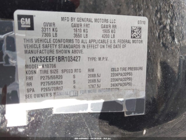44994682 :رقم المزاد ، 1GKS2EEF1BR103427 vin ، 2011 Gmc Yukon Denali مزاد بيع