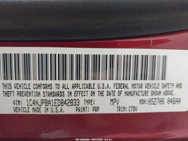 2014 Jeep Patriot Sport მანქანა იყიდება აუქციონზე, vin: 1C4NJPBA1ED842833, აუქციონის ნომერი: 44994694