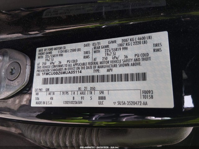 1FMCU0BZ6MUA05114 Ford Escape Se Hybrid