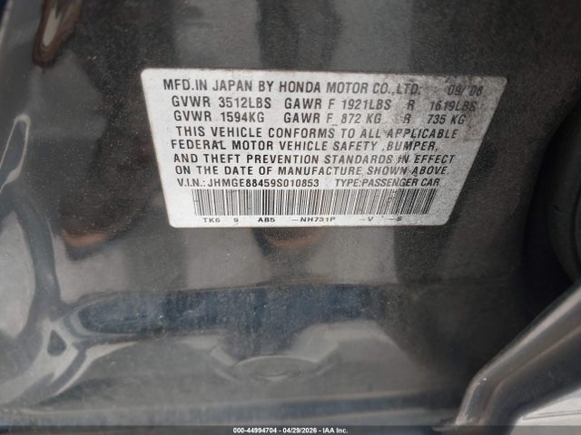 Aukcja sprzedaży 2009 Honda Fit Sport, vin: JHMGE88459S010853, numer aukcji: 44994704
