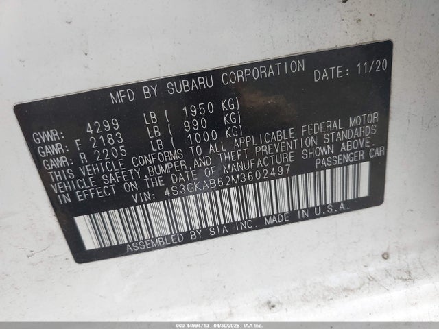 Aukcja sprzedaży 2021 Subaru Impreza Sedan, vin: 4S3GKAB62M3602497, numer aukcji: 44994713