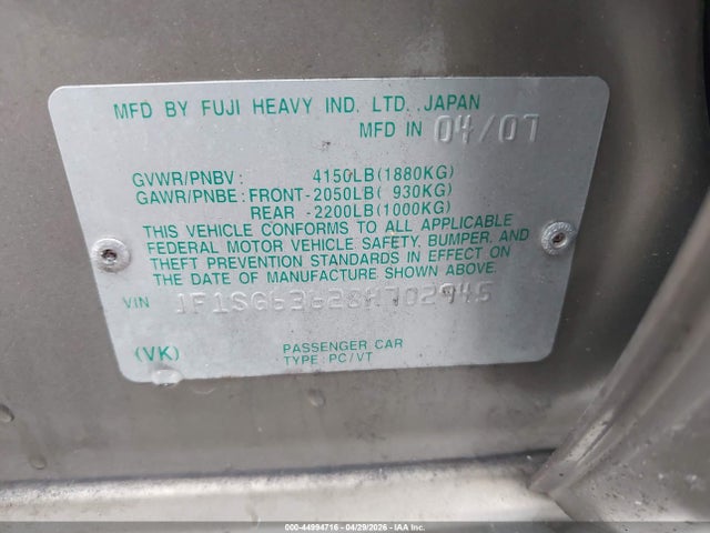 2008 Subaru Forester 2.5x მანქანა იყიდება აუქციონზე, vin: JF1SG63628H702945, აუქციონის ნომერი: 44994716