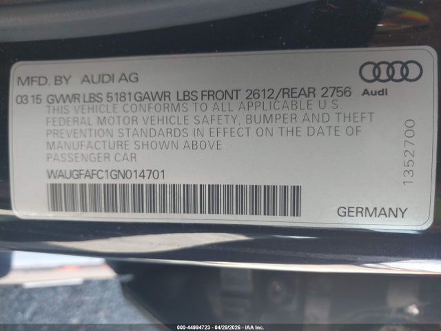 Aukcja sprzedaży 2016 Audi A6 2.0t Premium Plus, vin: WAUGFAFC1GN014701, numer aukcji: 44994723