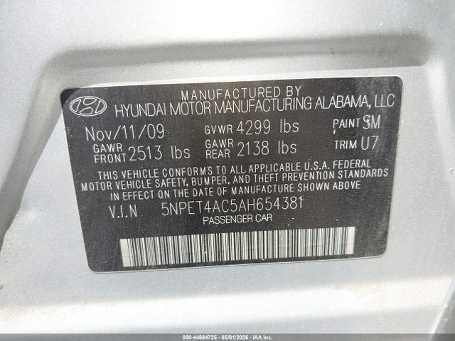 44994725 :رقم المزاد ، 5NPET4AC5AH654381 vin ، 2010 Hyundai Sonata Gls مزاد بيع