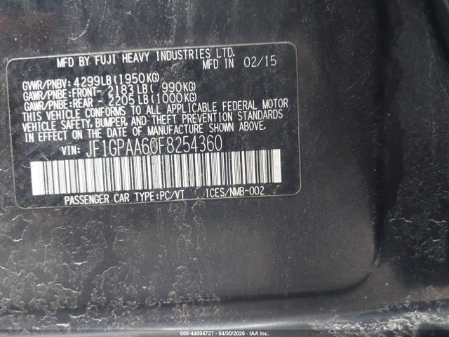 44994727 :رقم المزاد ، JF1GPAA60F8254360 vin ، 2015 Subaru Impreza 2.0i مزاد بيع