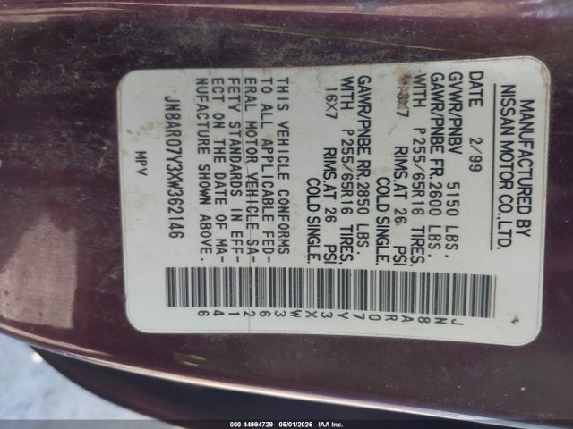 44994729 :رقم المزاد ، JN8AR07Y3XW362146 vin ، 1999 Nissan Pathfinder Le/se/xe مزاد بيع