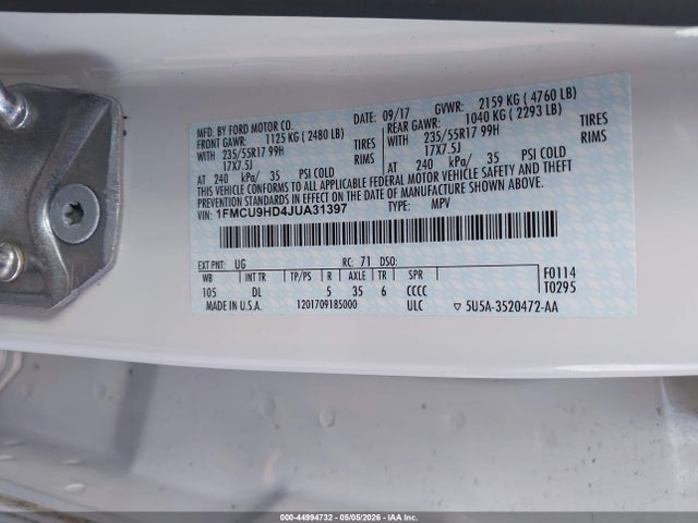 2018 Ford Escape Sel მანქანა იყიდება აუქციონზე, vin: 1FMCU9HD4JUA31397, აუქციონის ნომერი: 44994732