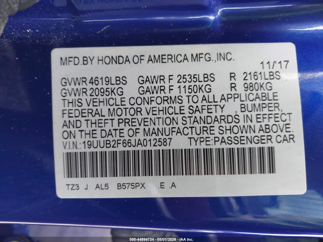2018 Acura Tlx Tech   A-spec Pkgs მანქანა იყიდება აუქციონზე, vin: 19UUB2F66JA012587, აუქციონის ნომერი: 44994734