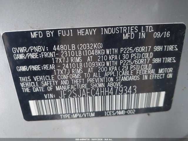 44994735 :رقم المزاد ، JF2SJAEC4HH479343 vin ، 2017 Subaru Forester 2.5i Premium مزاد بيع