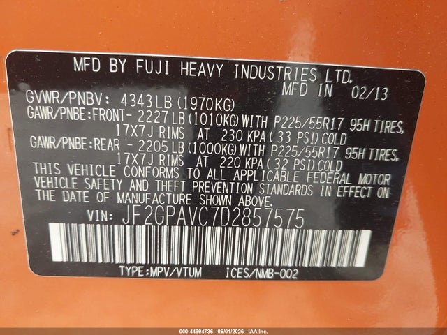 44994736 :رقم المزاد ، JF2GPAVC7D2857575 vin ، 2013 Subaru Xv Crosstrek 2.0i Premium مزاد بيع