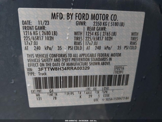 44994742 :رقم المزاد ، 3FTTW8H34RRA00329 vin ، 2024 Ford Maverick Xlt مزاد بيع