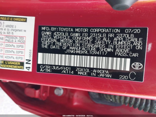 2020 Toyota C-hr Le მანქანა იყიდება აუქციონზე, vin: JTNKHMBX9L1094117, აუქციონის ნომერი: 44994750