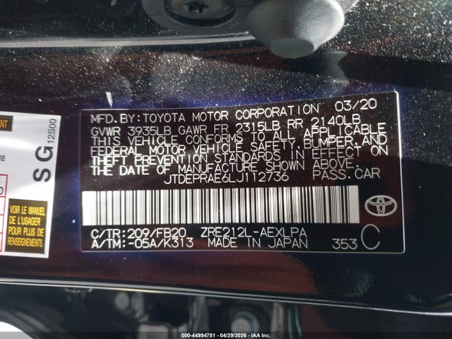 44994751 :رقم المزاد ، JTDEPRAE6LJ112736 vin ، 2020 Toyota Corolla Le مزاد بيع