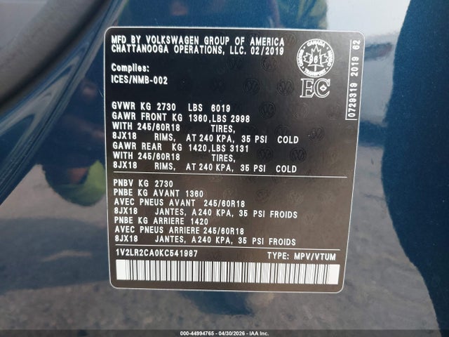 Продаж на аукціоні авто 2019 Volkswagen Atlas 3.6l V6 Se, vin: 1V2LR2CA0KC541987, номер лоту: 44994765