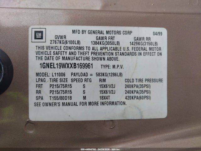 44994766 :رقم المزاد ، 1GNEL19WXXB169961 vin ، 1999 Chevrolet Astro مزاد بيع