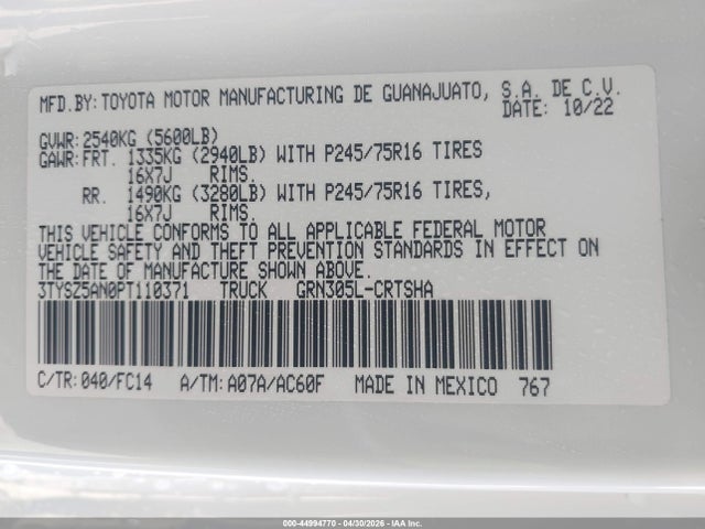 Aukcja sprzedaży 2023 Toyota Tacoma Sr5 V6, vin: 3TYSZ5AN0PT110371, numer aukcji: 44994770