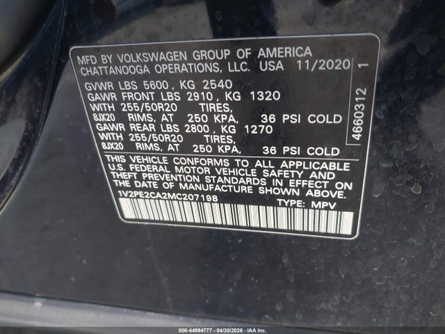 44994777 :رقم المزاد ، 1V2PE2CA2MC207198 vin ، 2021 Volkswagen Atlas Cross Sport 3.6l V6 Se W/technology R-line مزاد بيع