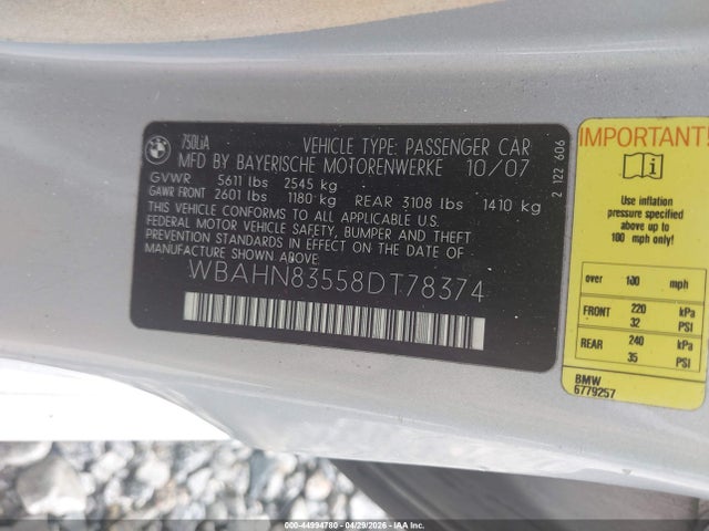 44994780 :رقم المزاد ، WBAHN83558DT78374 vin ، 2008 Bmw 750li مزاد بيع