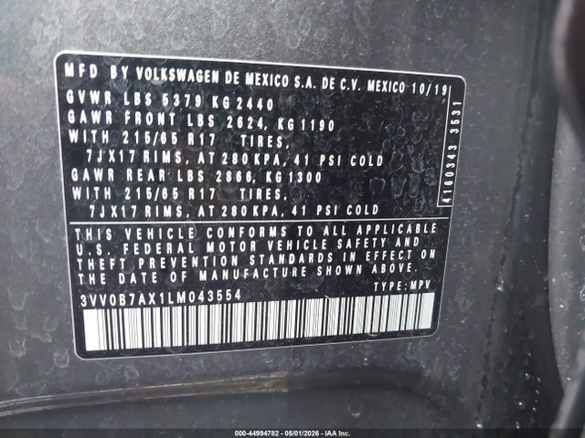Aukcja sprzedaży 2020 Volkswagen Tiguan 2.0t S, vin: 3VV0B7AX1LM043554, numer aukcji: 44994782