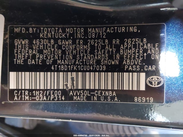 2012 Toyota Camry Hybrid Le მანქანა იყიდება აუქციონზე, vin: 4T1BD1FK1CU047039, აუქციონის ნომერი: 44994788