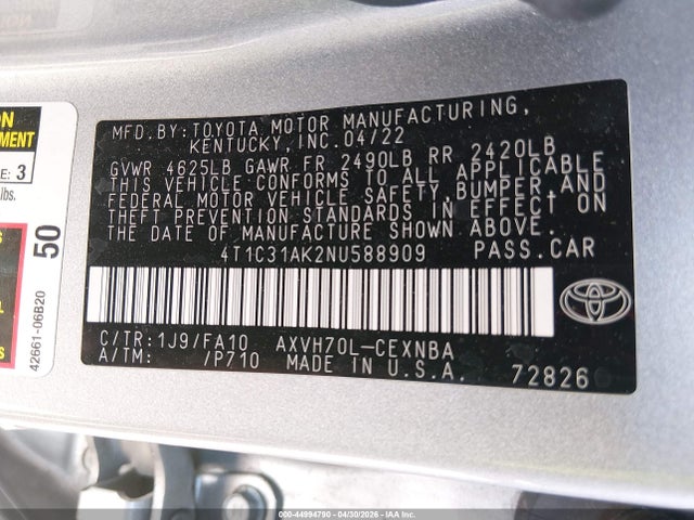 Aukcja sprzedaży 2022 Toyota Camry Le Hybrid, vin: 4T1C31AK2NU588909, numer aukcji: 44994790
